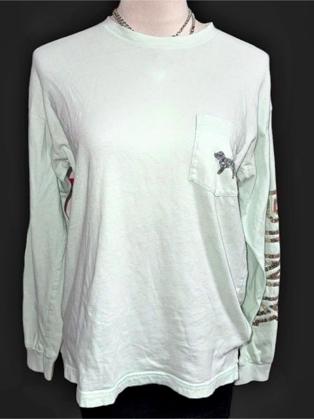 PINK Long Sleeve Graphic Tee in Green Size XS